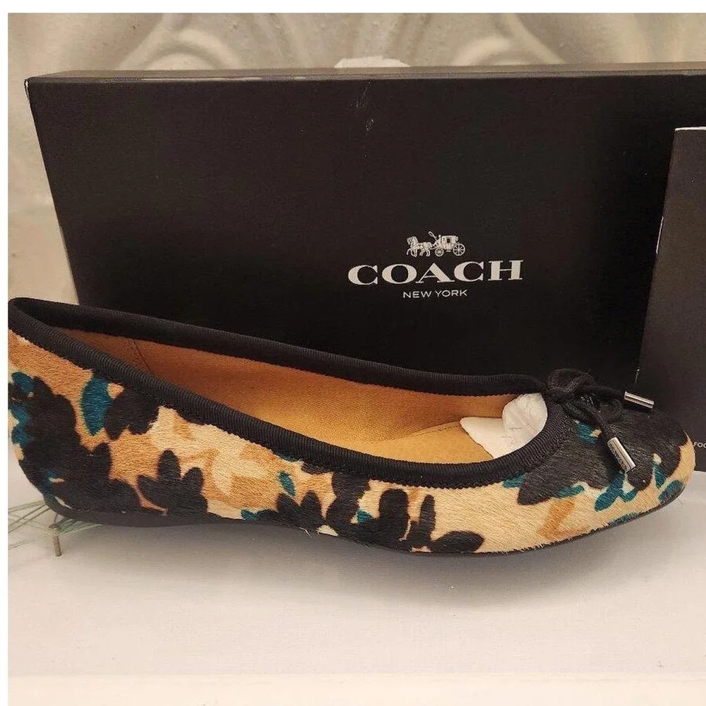 Coach Lara Scattered Leaf Calf Hair Ballet Flats Walnut Multi 5M 34A01142-WMT